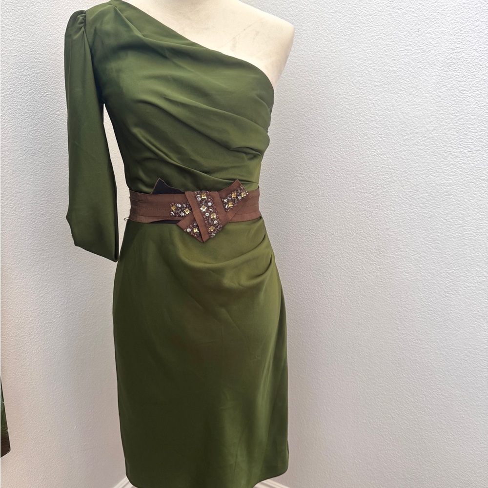 BCBGMaxAzria Olive Green One-Shoulder Dress with Brown Embellished Belt